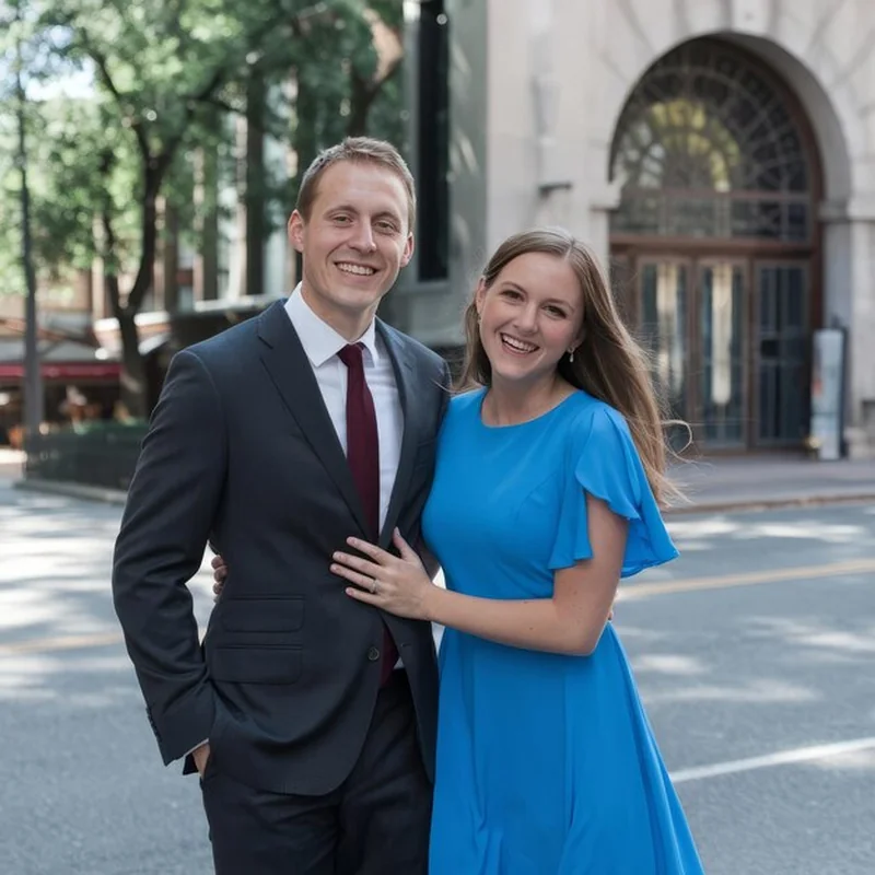 Mężczyzna i kobieta pozujący przed budynkiem