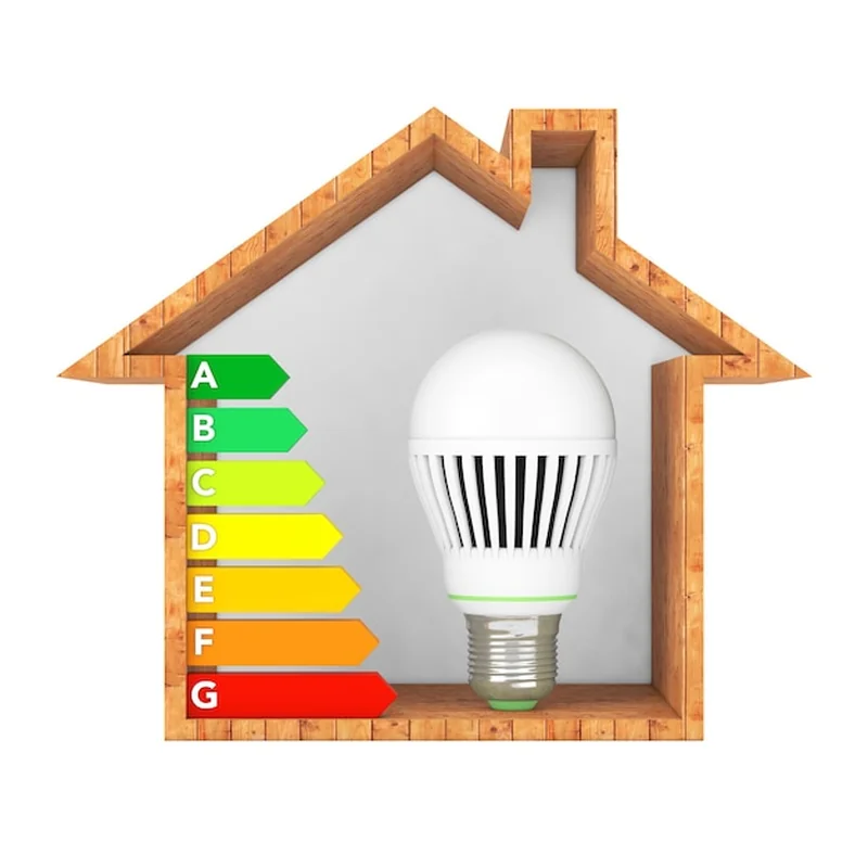 Żarówka LED w drewnianym domu ekologicznym na białym tle