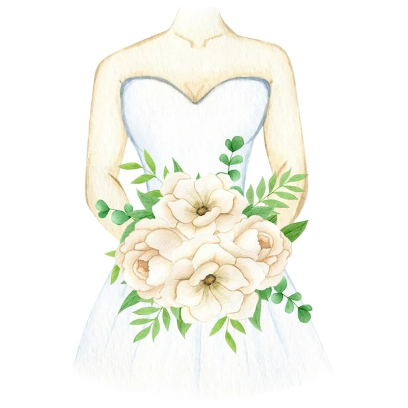 Akwarelowa ilustracja panny młodej w białej sukni z bukietem kwiatów