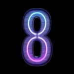 Numer 8 z neonowym alfabetem na białym tle i czarnym tle