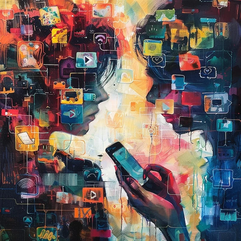 Kobieta z zestawem słuchawkowym otoczona zdjęciami ludzi